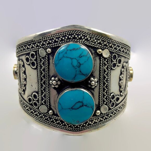 Kuchi Bracelet, Middle Eastern, Vintage Bracelet, Turquoise, Silver Wide Cuff - Picture 2 of 5